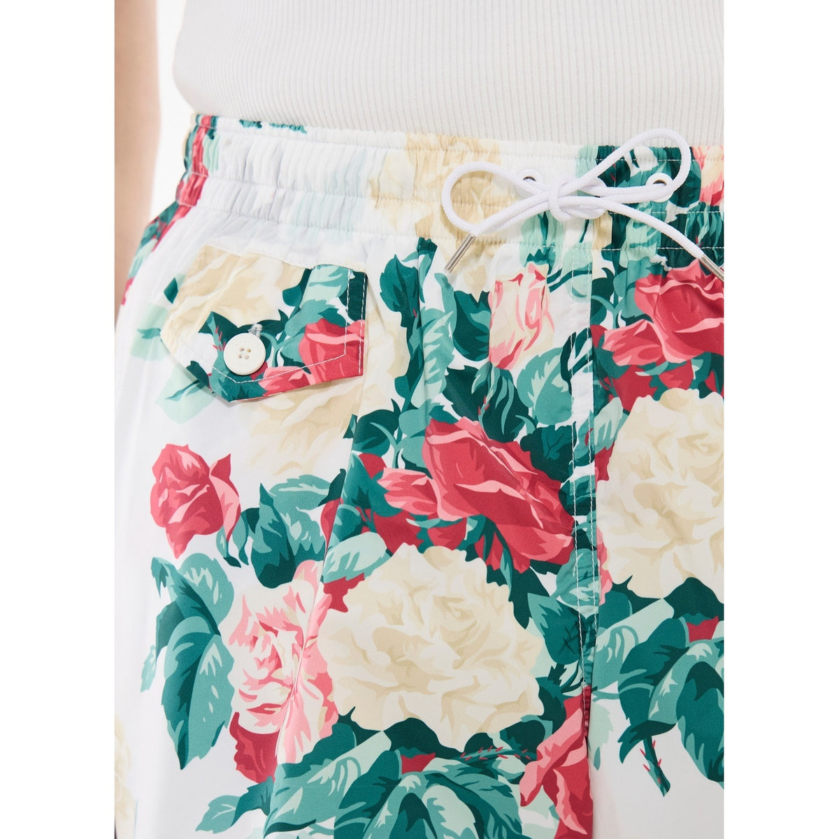 Short De Bain En Tissu Technique - Motif Floral Vert, Rose Et Blanc