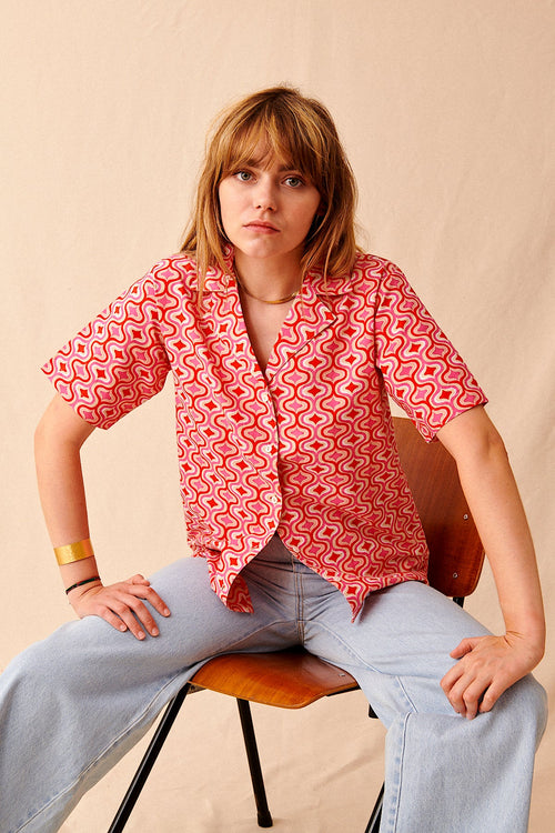 Lightweight short-sleeved shirt with pink floral madder pattern Paris spring-summer Woman