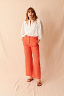Elegant and chic flared pants with black stripes and blanc madder paris Woman spring-summer