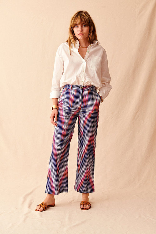 Ikat garance print cotton high-waisted wide-leg pants Paris Woman spring summer vintage