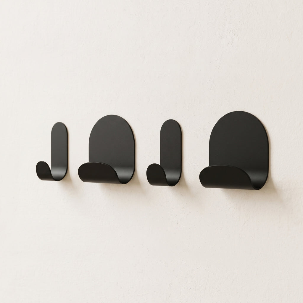 2 Malins + 2 Malins Larges - Lot De 4 Patères Murales - Acier - Noir Mat Fine Texture