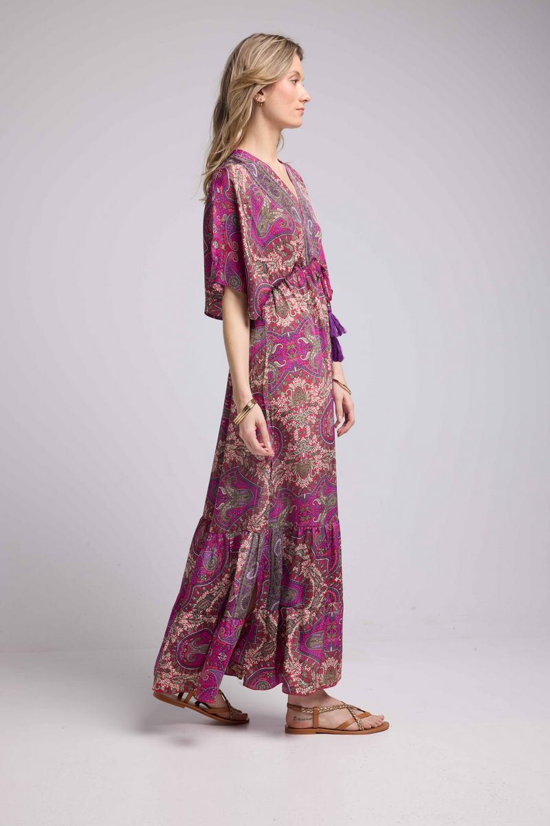 Vestido Largo de Manga Tres Cuartos - Fucsia