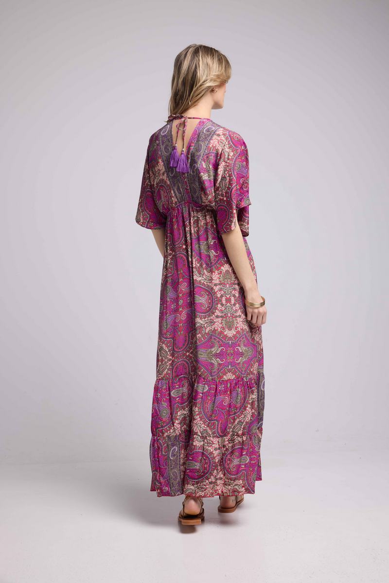 Vestido Largo de Manga Tres Cuartos - Fucsia