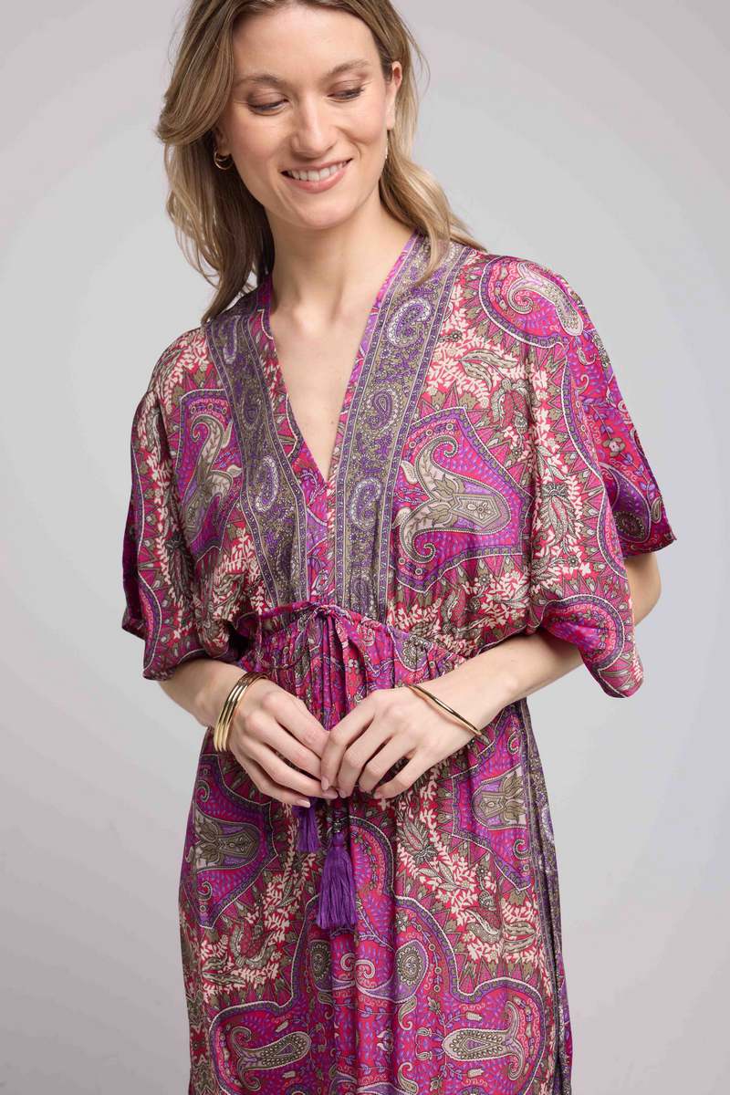 Vestido Largo de Manga Tres Cuartos - Fucsia