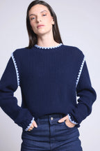 Pull Col Rond Epaules Contrastees Paloma - Bleu Marine Bleu Ciel - Femme - Cachemire Et Laine