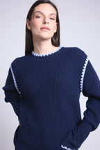 Pull Col Rond Epaules Contrastees Paloma - Bleu Marine Bleu Ciel - Femme - Cachemire Et Laine