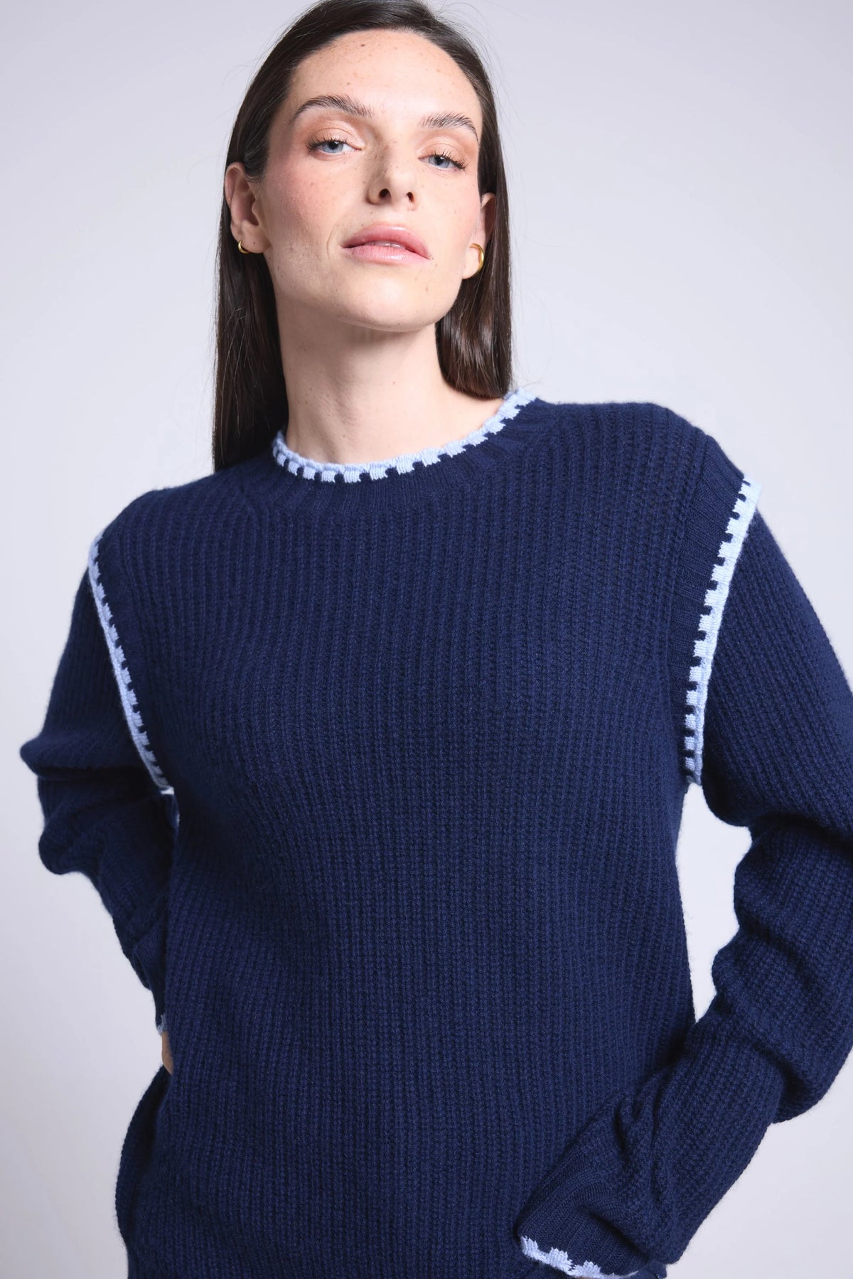 Pull Col Rond Epaules Contrastees Paloma - Bleu Marine Bleu Ciel - Femme - Cachemire Et Laine
