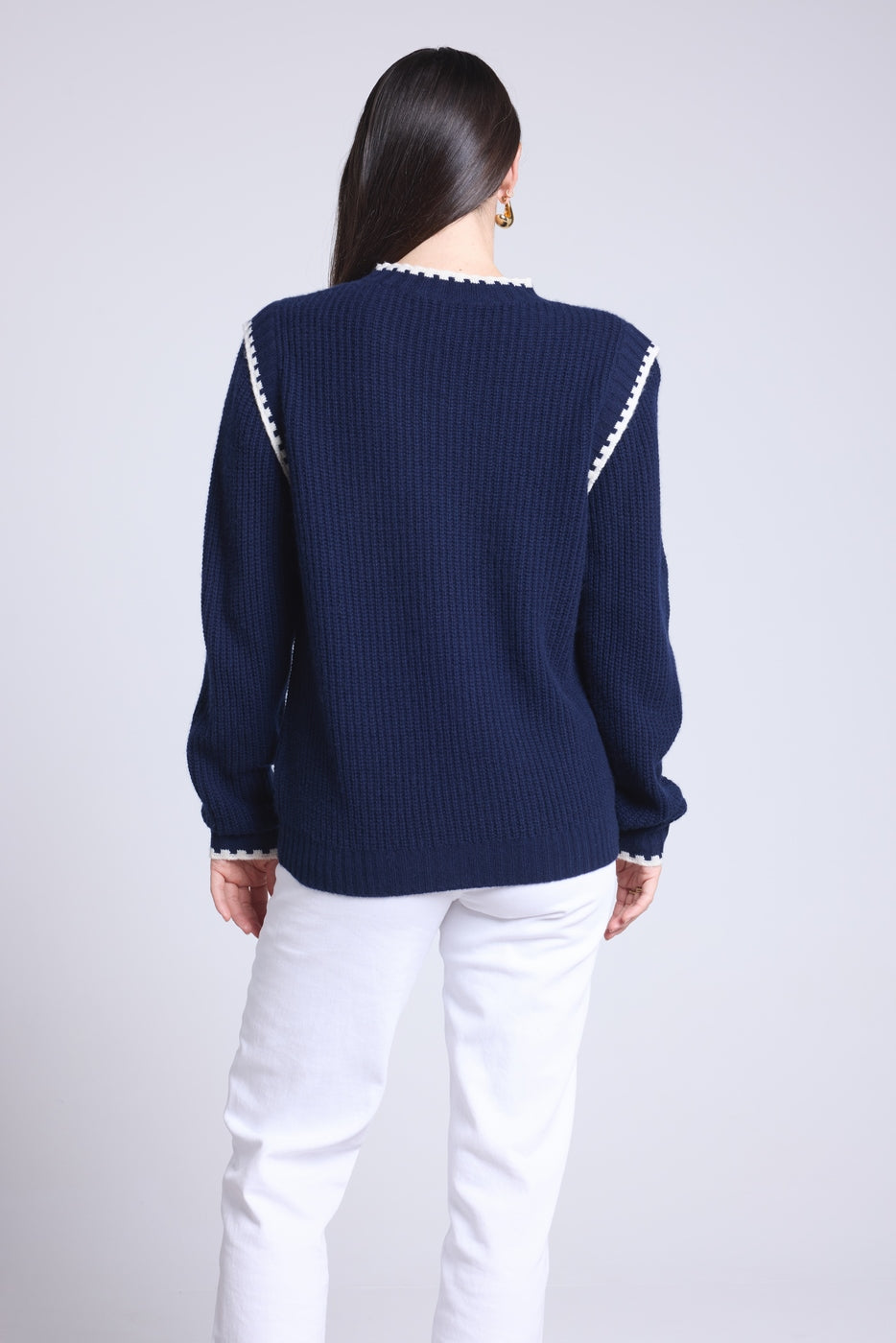 Pull Col Rond Epaules Contrastees Paloma - Bleu Marine Bleu Ciel - Femme - Cachemire Et Laine