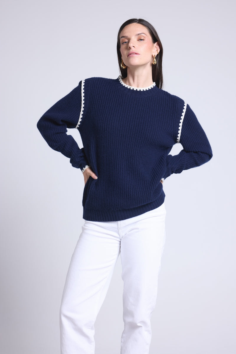 Pull Col Rond Epaules Contrastees Paloma - Bleu Marine Blanc - Femme