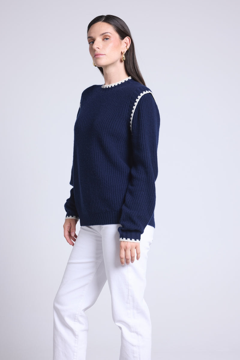 Pull Col Rond Epaules Contrastees Paloma - Bleu Marine Blanc - Femme