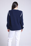 Pull Col Rond Epaules Contrastees Paloma - Bleu Marine Blanc - Femme