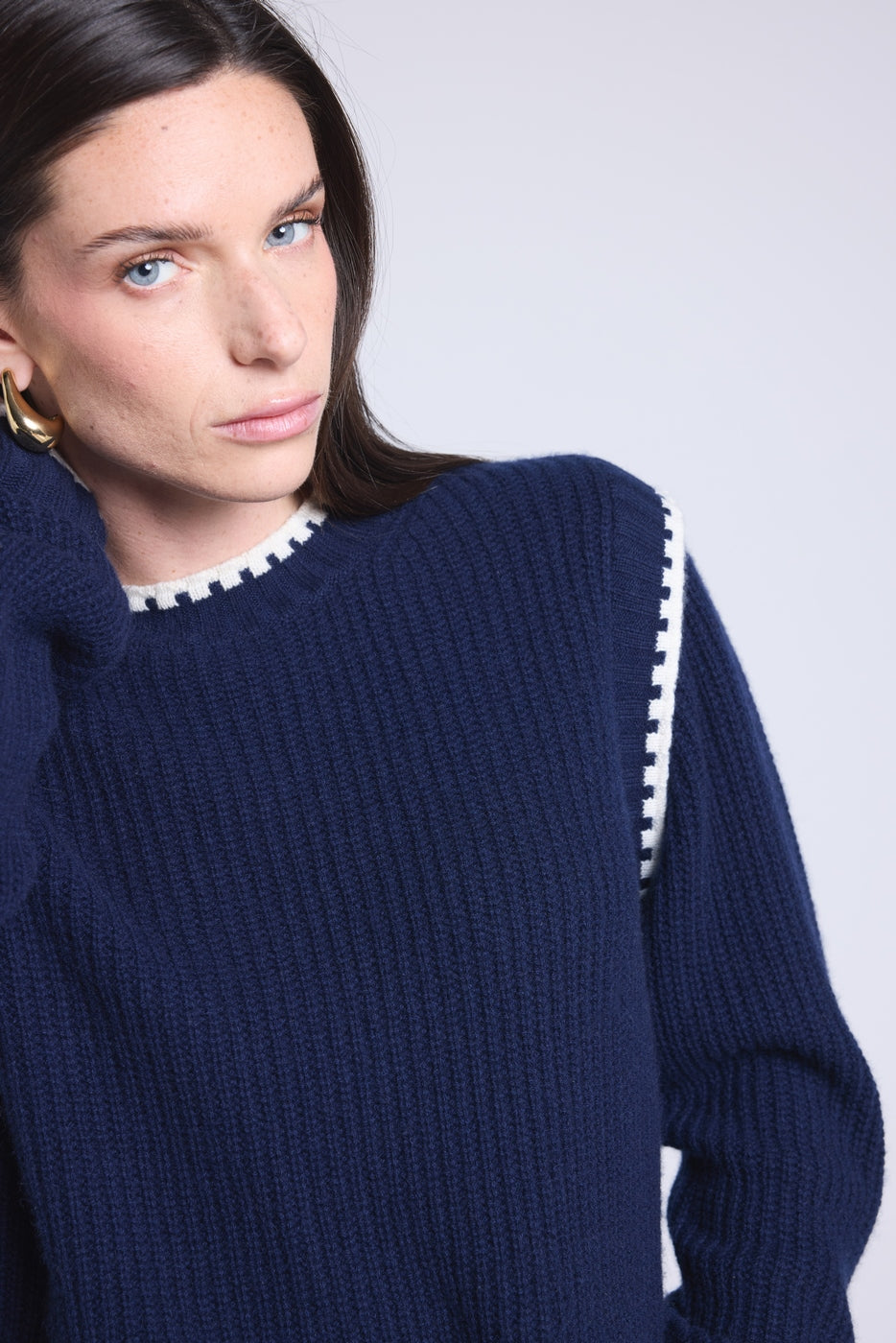 Pull Col Rond Epaules Contrastees Paloma - Bleu Marine Blanc - Femme