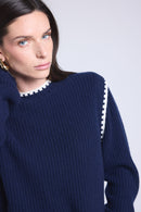 Pull Col Rond Epaules Contrastees Paloma - Bleu Marine Blanc - Femme