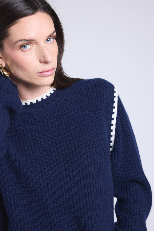 Pull Col Rond Epaules Contrastees Paloma - Bleu Marine Blanc - Femme