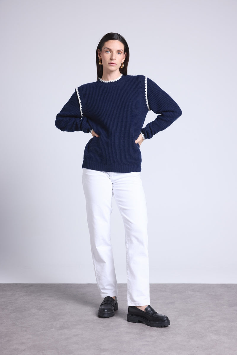 Pull Col Rond Epaules Contrastees Paloma - Bleu Marine Blanc - Femme