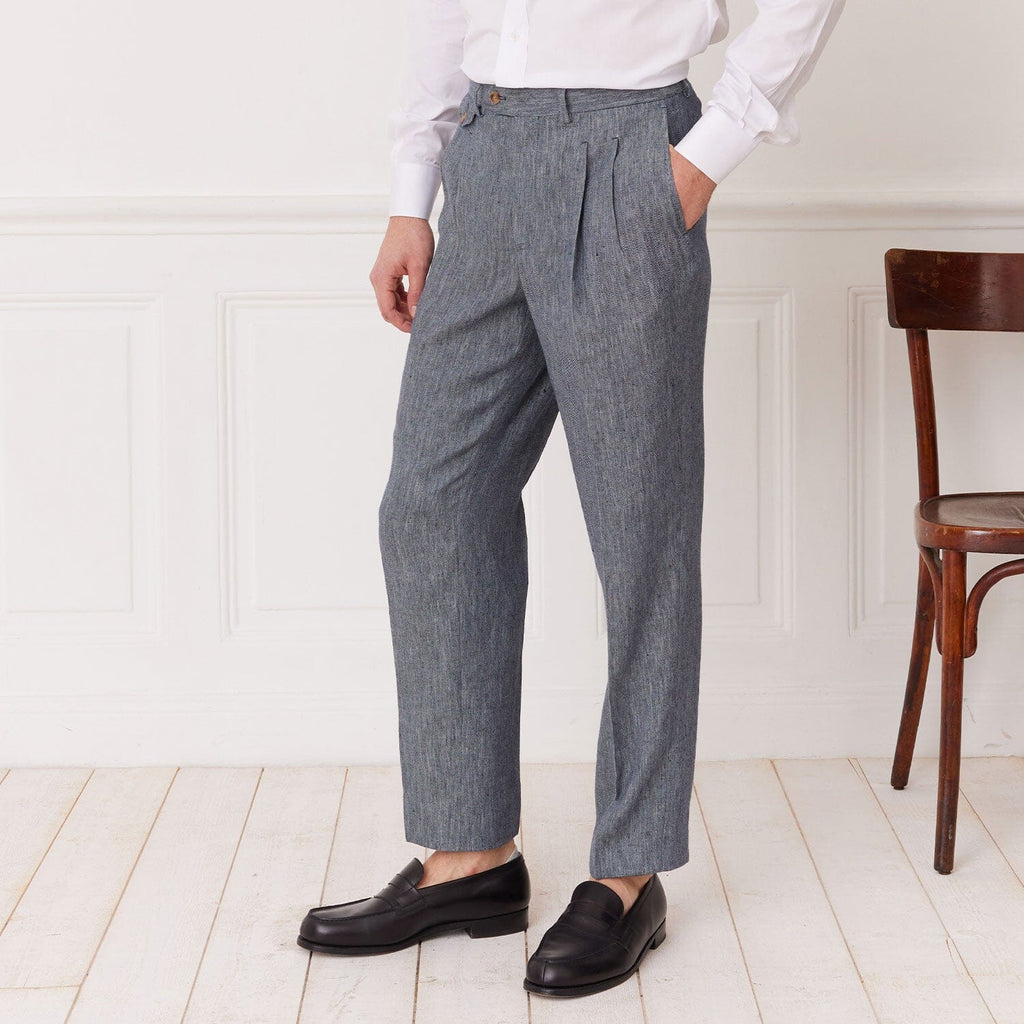 Pantalon À Double Plis En Lin Et Coton Bleu Chiné