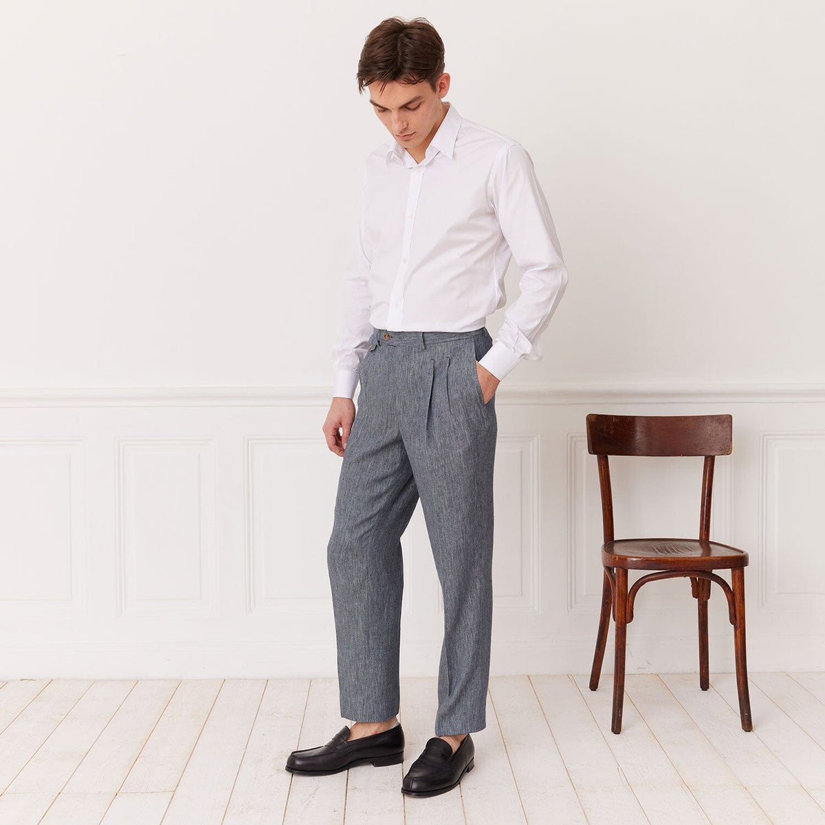 Pantalon À Double Plis En Lin Et Coton Bleu Chiné