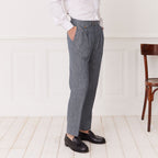 Pantalon À Double Plis En Lin Et Coton Bleu Chiné