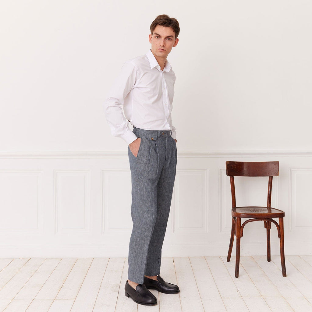 Pantalon À Double Plis En Lin Et Coton Bleu Chiné