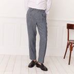 Pantalon À Double Plis En Lin Et Coton Bleu Chiné