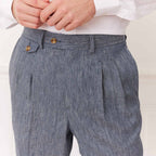 Pantalon À Double Plis En Lin Et Coton Bleu Chiné