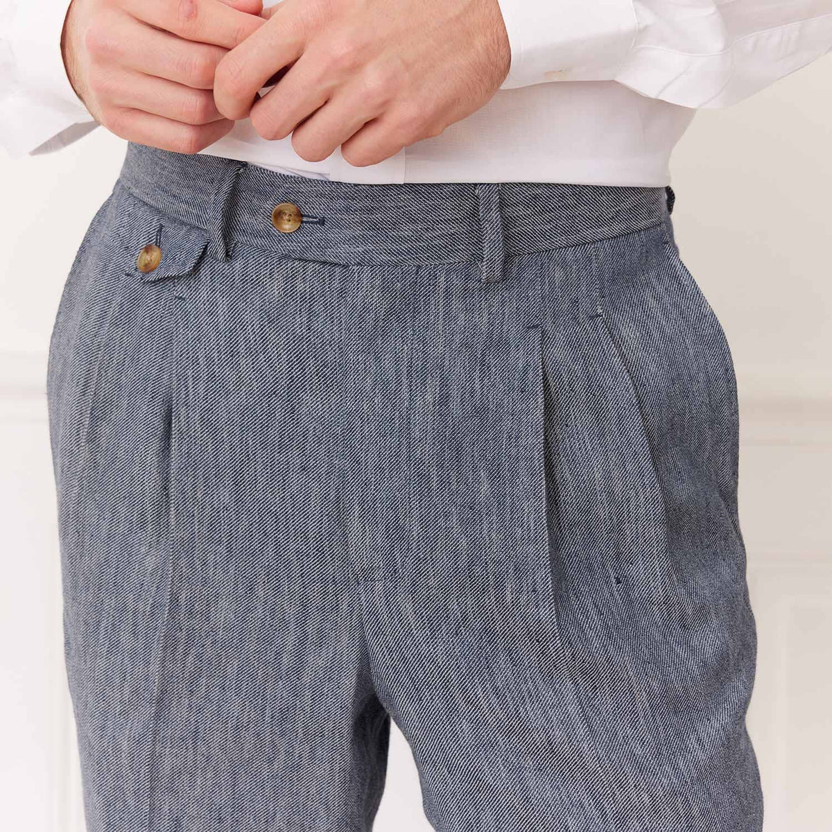 Pantalon À Double Plis En Lin Et Coton Bleu Chiné