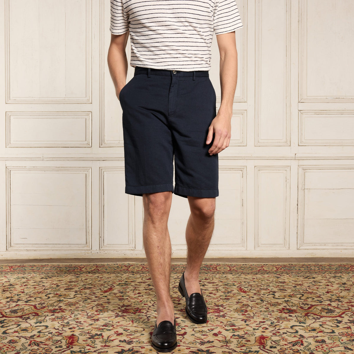 Short En Coton Et Lin Marine