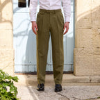 Pantalon À Double Plis En Coton Et Lin Vert
