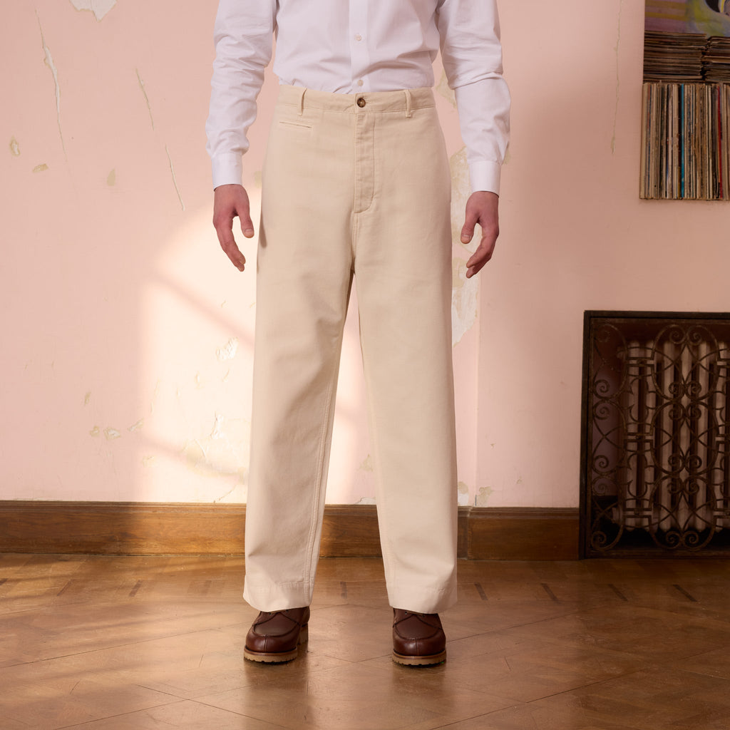 Pantalon Large En Coton Écru