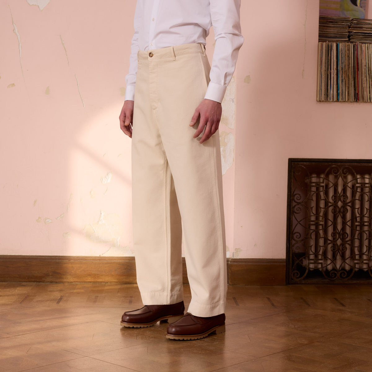 Pantalon Large En Coton Écru