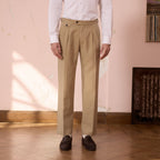 Pantalon À Double Plis En Coton Et Lin Beige