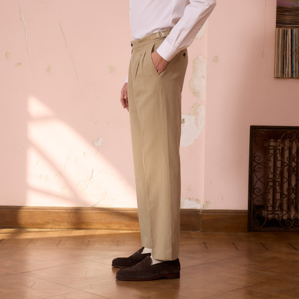 Pantalon À Double Plis En Coton Et Lin Beige