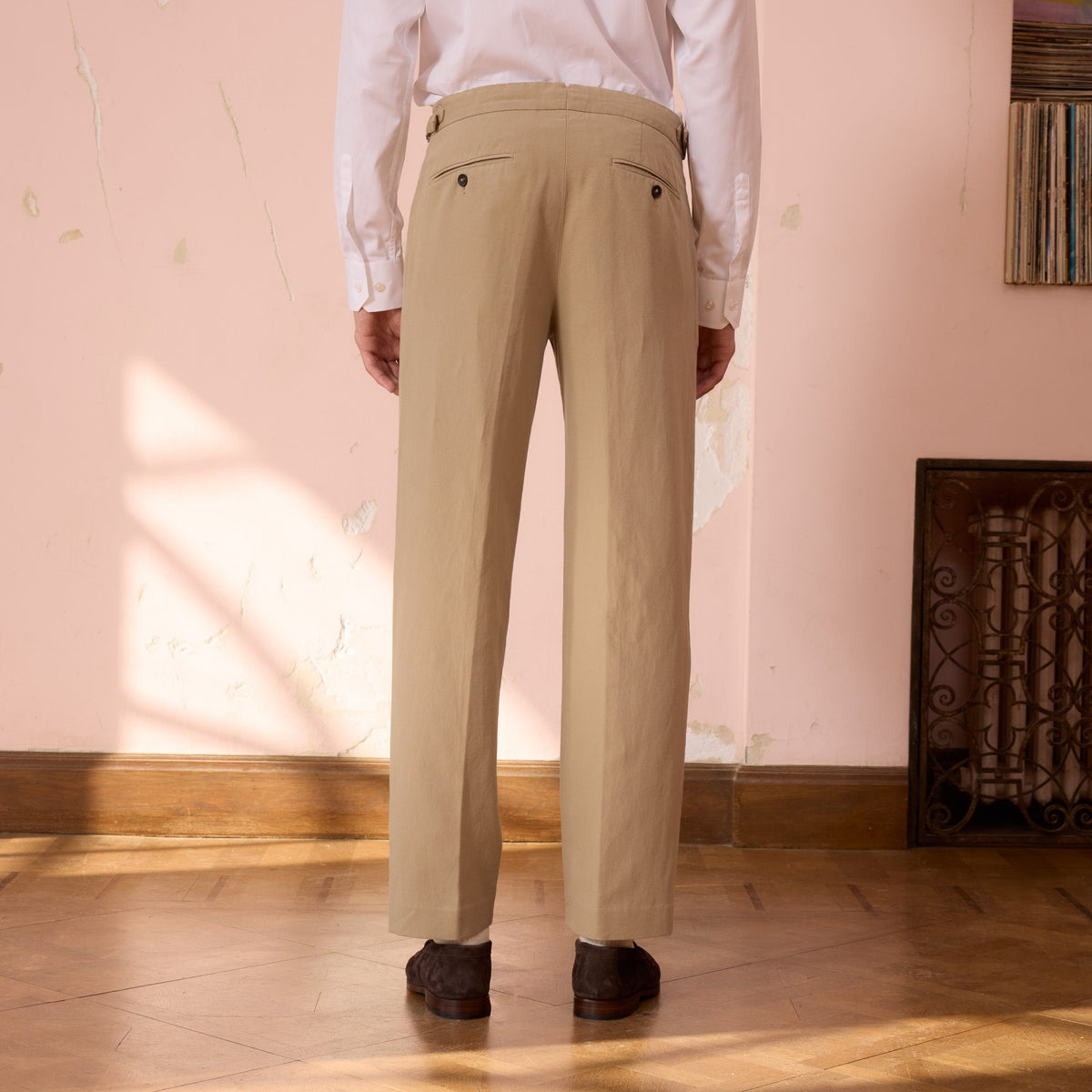 Pantalon À Double Plis En Coton Et Lin Beige