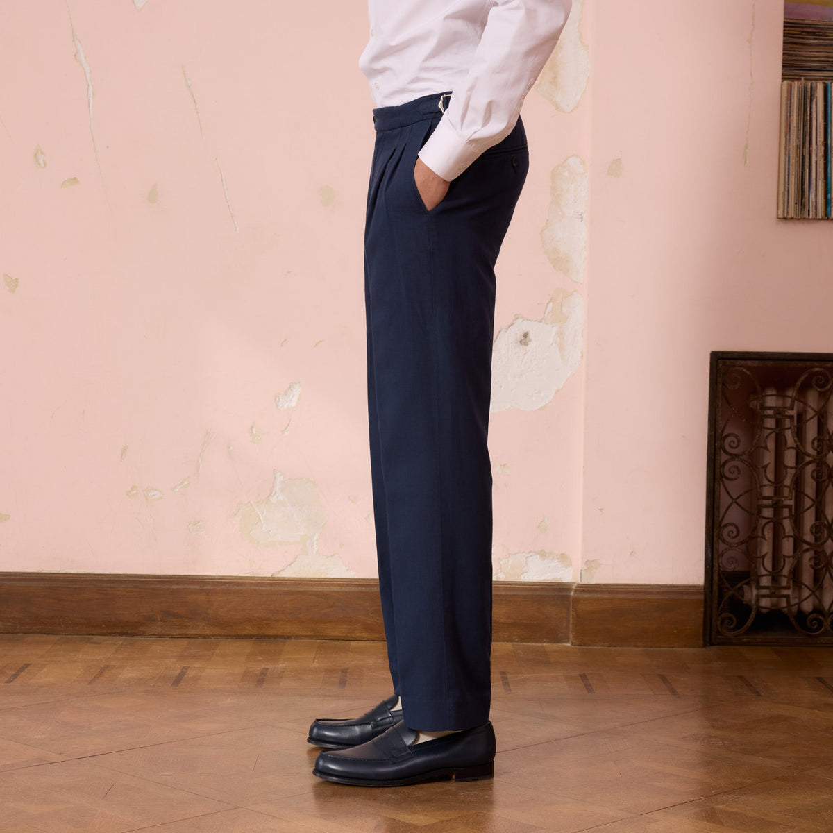 Pantalon À Double Plis En Coton Et Lin Marine