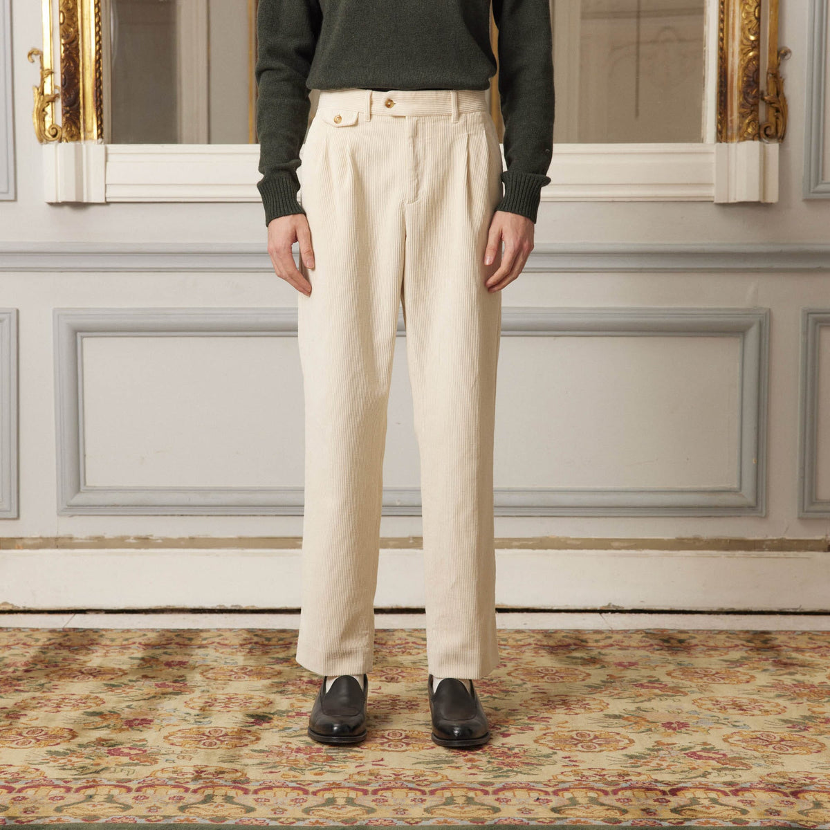 Pantalon À Double Plis En Velours Écru
