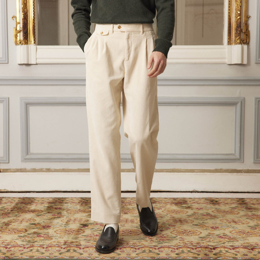 Pantalon À Double Plis En Velours Écru