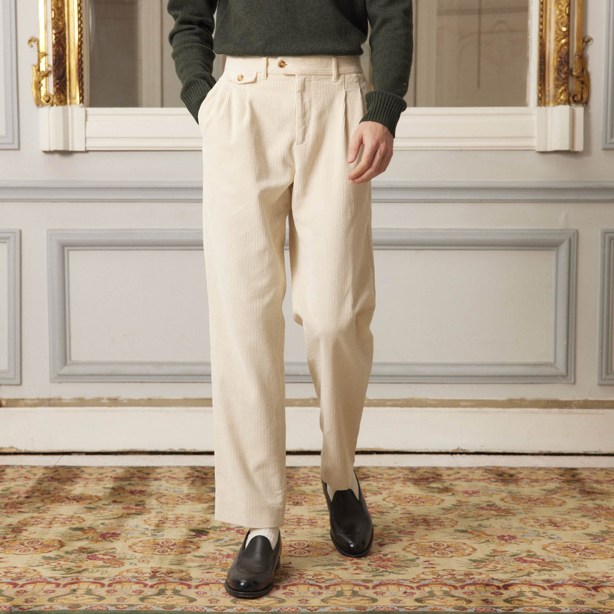 Pantalon À Double Plis En Velours Écru