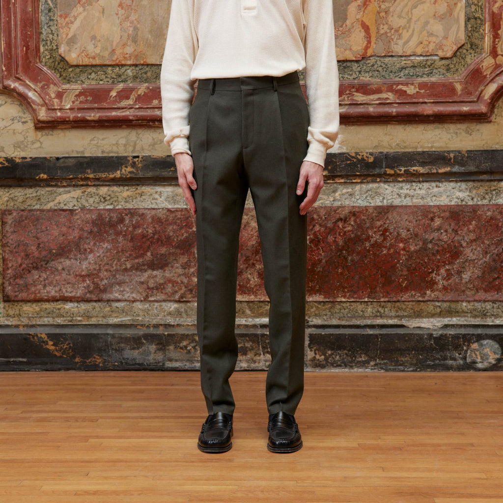 Pantalon À Pince En Laine Vert Foncé