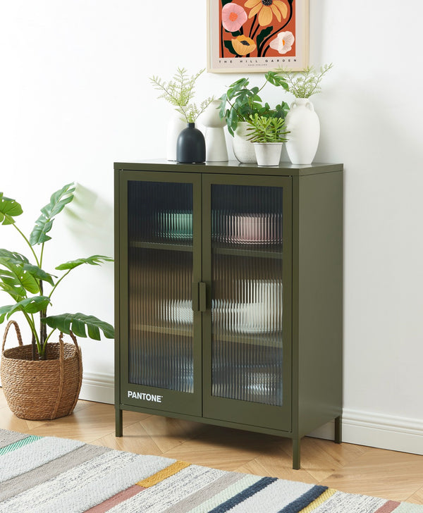 Buffet - Vert Olive Foncé - Portes En Verre Cannelé