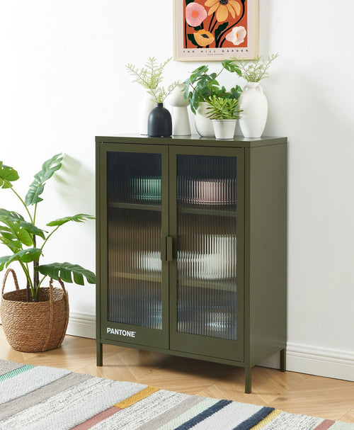 Buffet - Vert Olive Foncé - Portes En Verre Cannelé