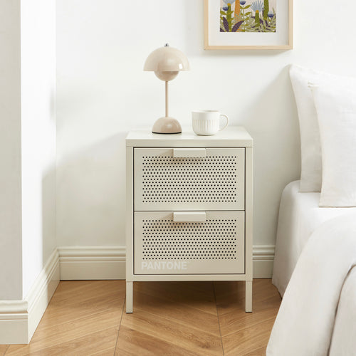 Table De Chevet - Métal - Beige Sable - Double Tiroirs