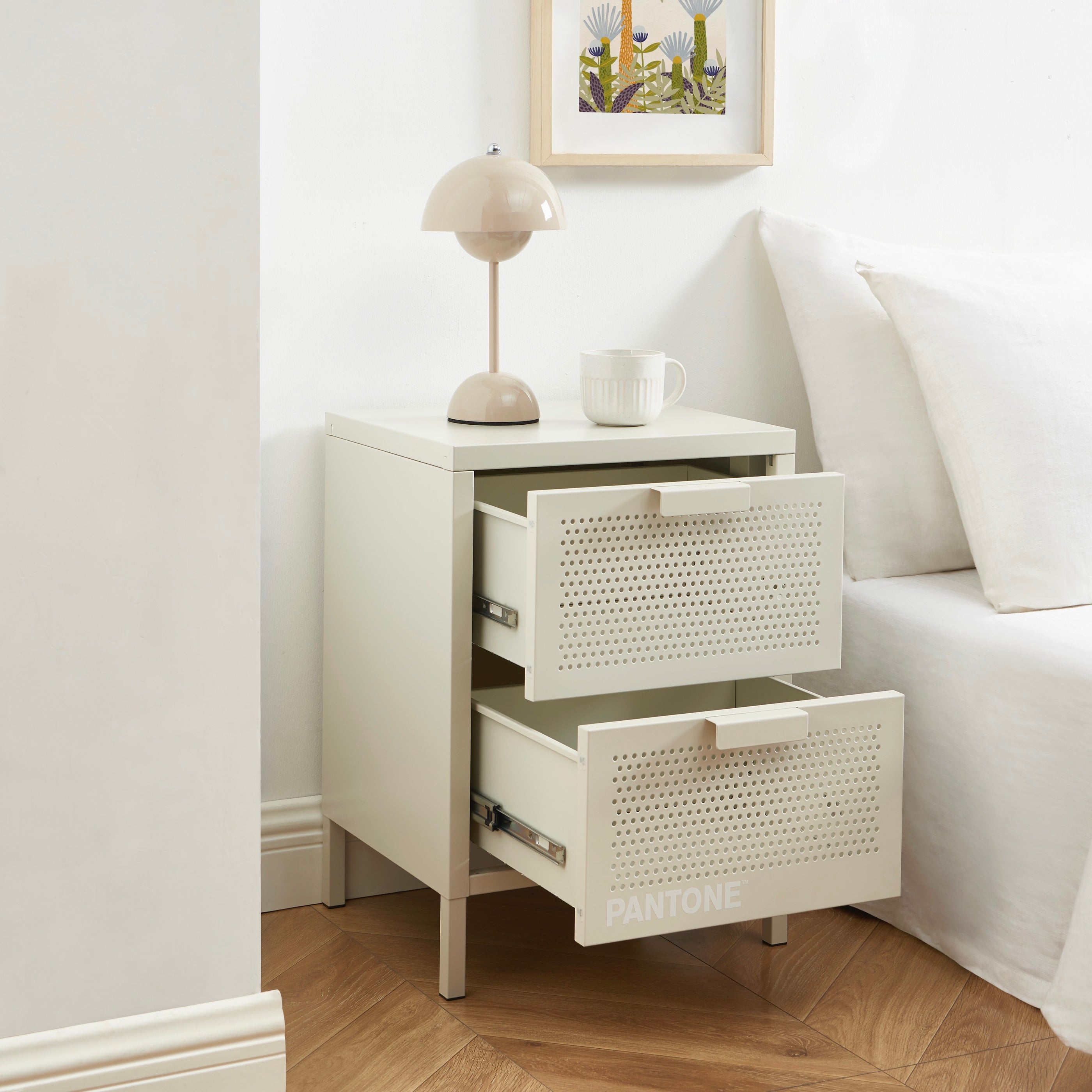 Table De Chevet - Métal - Beige Sable - Double Tiroirs