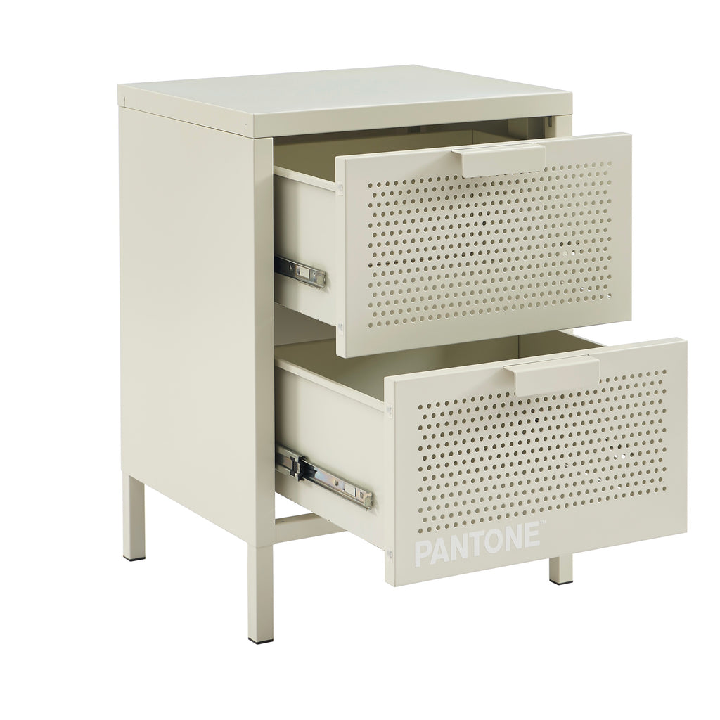 Table De Chevet - Métal - Beige Sable - Double Tiroirs