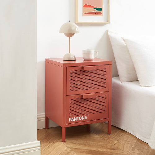 Table De Chevet - Métal - Terracotta - Double Tiroirs