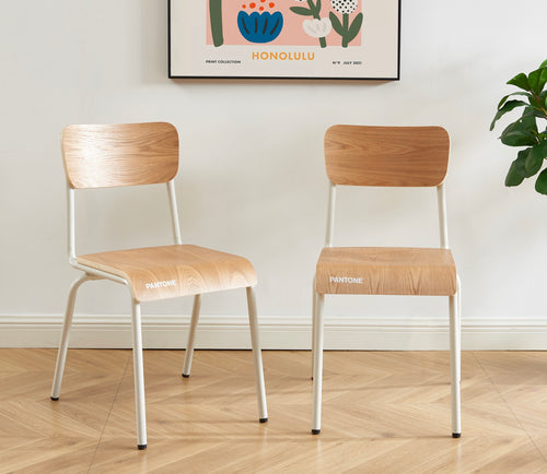 Lot De 2 Chaises - Beige Sable Et Placage Frêne - Pieds Métal