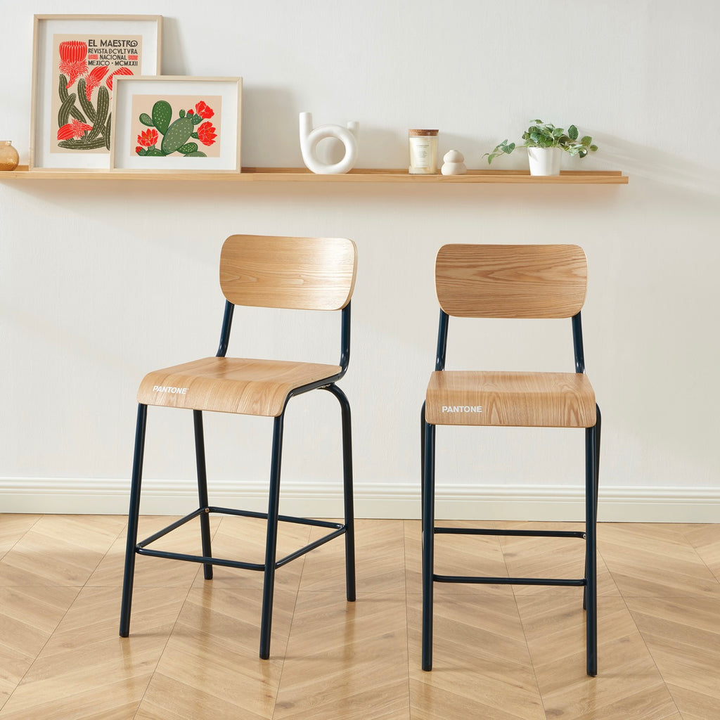 Lot 2 Chaises De Bar - Bleu Nuit Et Placage Frêne - Pieds Métal