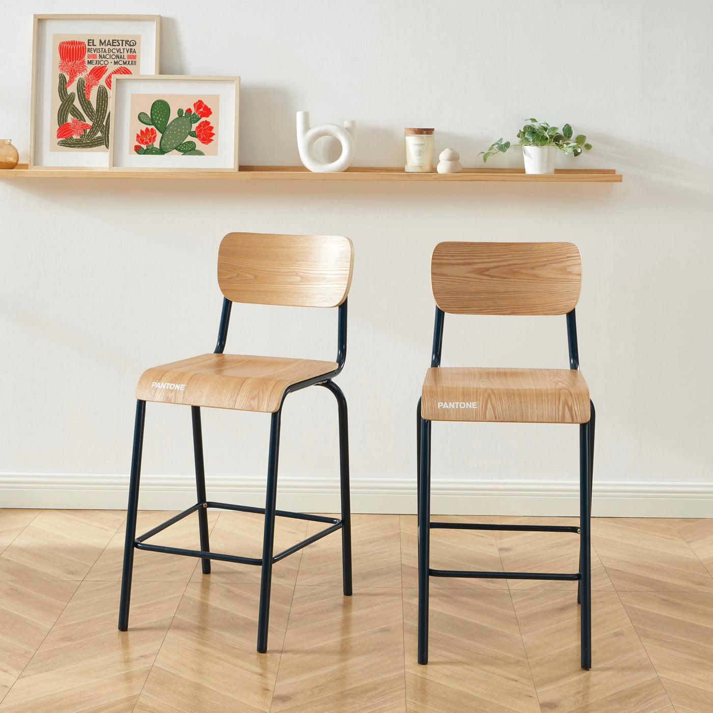 Lot 2 Chaises De Bar - Bleu Nuit Et Placage Frêne - Pieds Métal