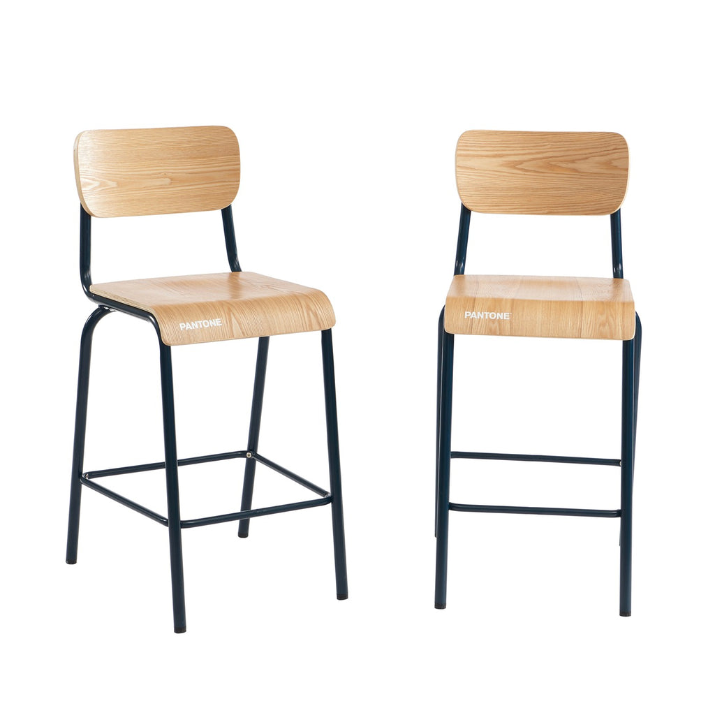 Lot 2 Chaises De Bar - Bleu Nuit Et Placage Frêne - Pieds Métal