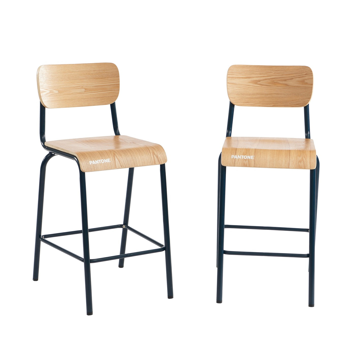 Lot 2 Chaises De Bar - Bleu Nuit Et Placage Frêne - Pieds Métal