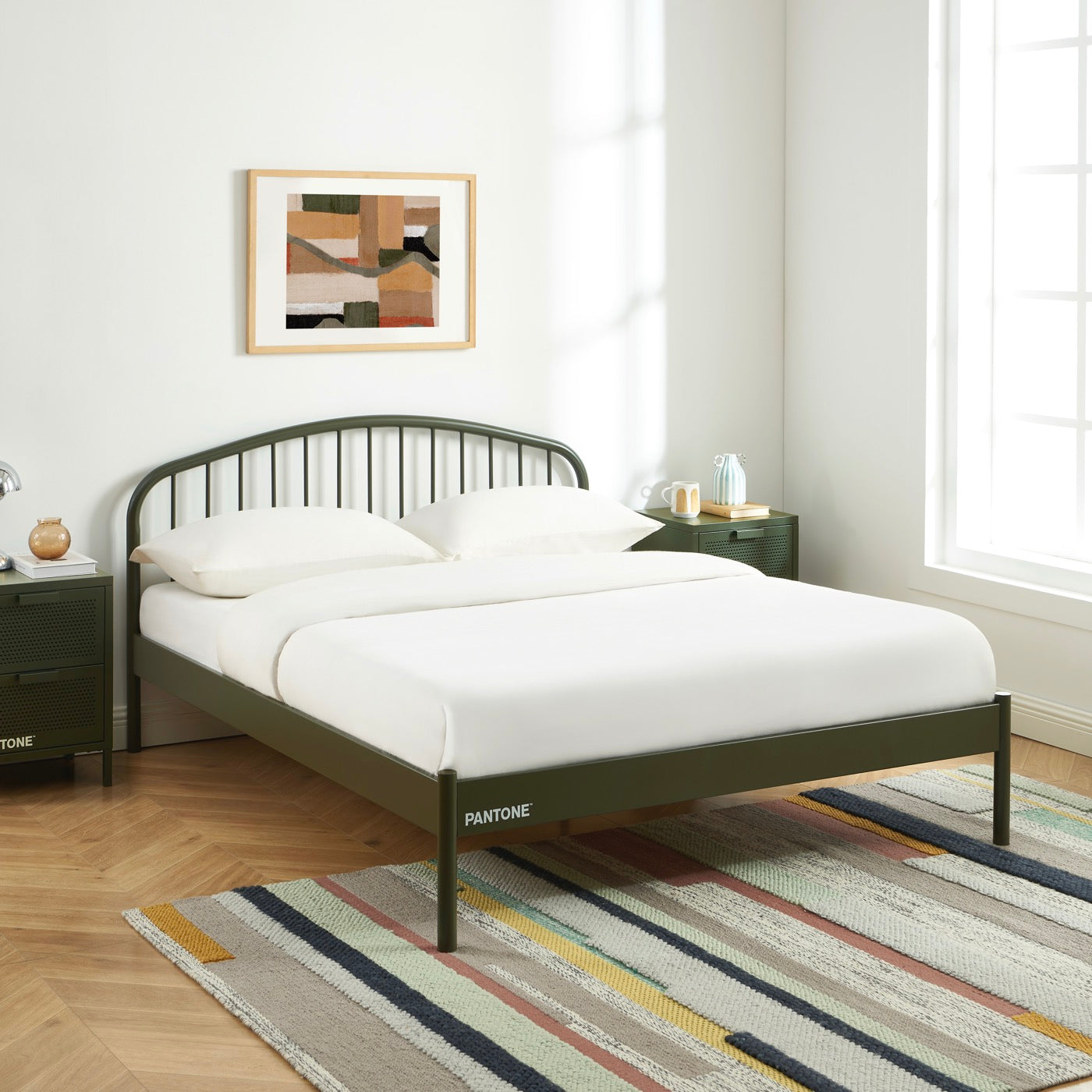140x190 bed - Metal - Olive Green - Box spring included